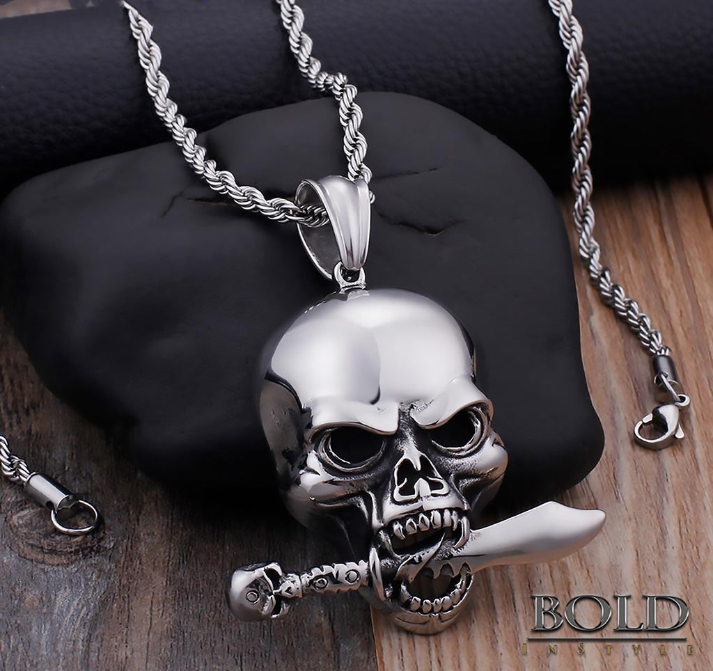 Stainless Steel Rocker Skull Pendant Necklace-BOLD InStyle