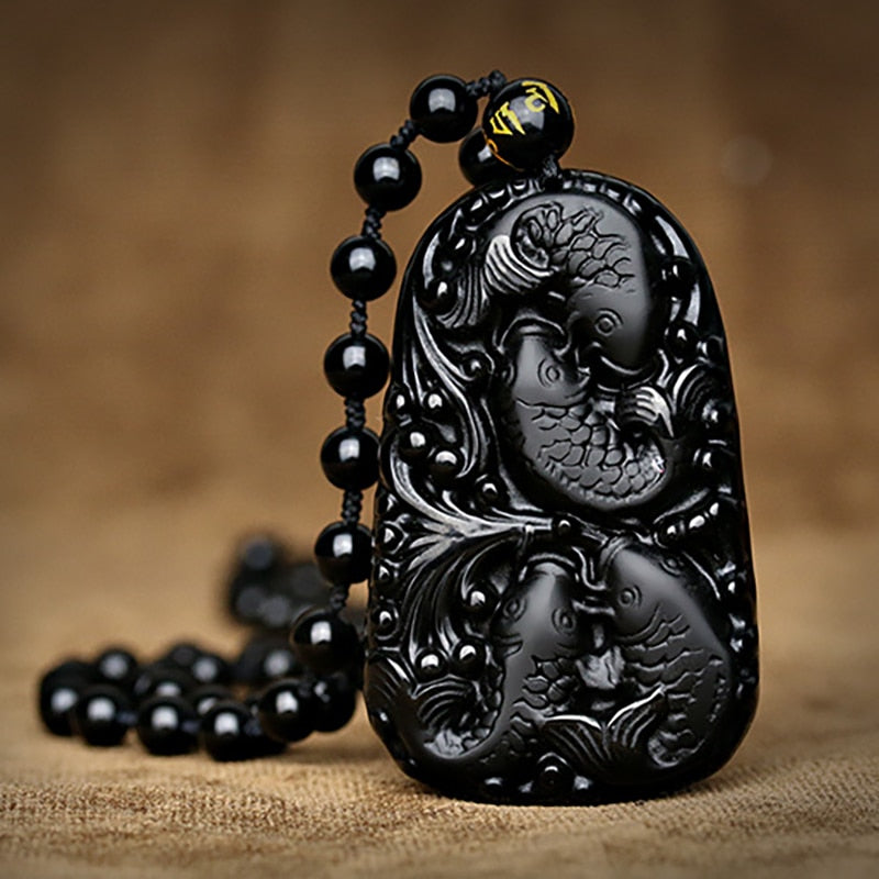 Natural Black Obsidian 3D Carved Four Fish Pendant Lucky Amulet Necklace-BOLD InStyle